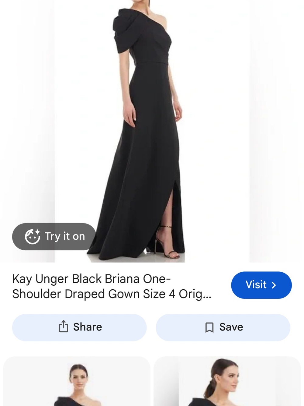 Kay Unger Black One-Shoulder Draped Evening Gown with Slit